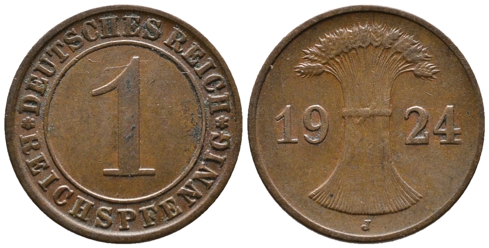 ГЕРМАНИЯ 1 РЕЙХСПФЕННИГ 1924 J KM 37, J. 313 бронза 39-856