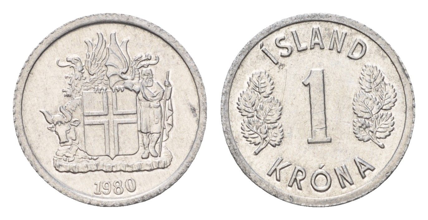 Исландия 1 крона 1980 KM 23 алюминий UNC 4687-826