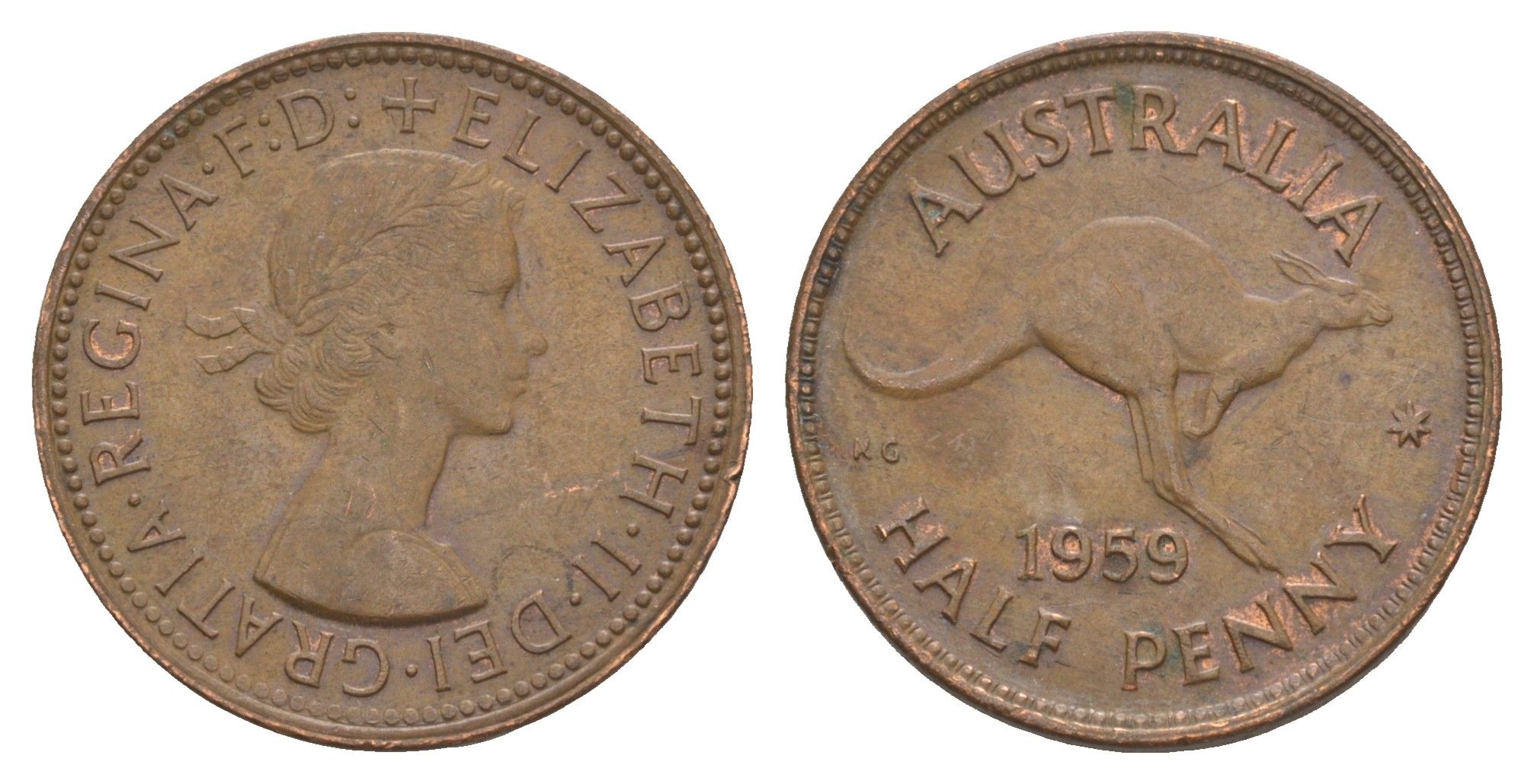 Австралия 1/2 пенни 1959 Елизавета II (1952-2022), кенгуру KM 61 бронза 4652-142