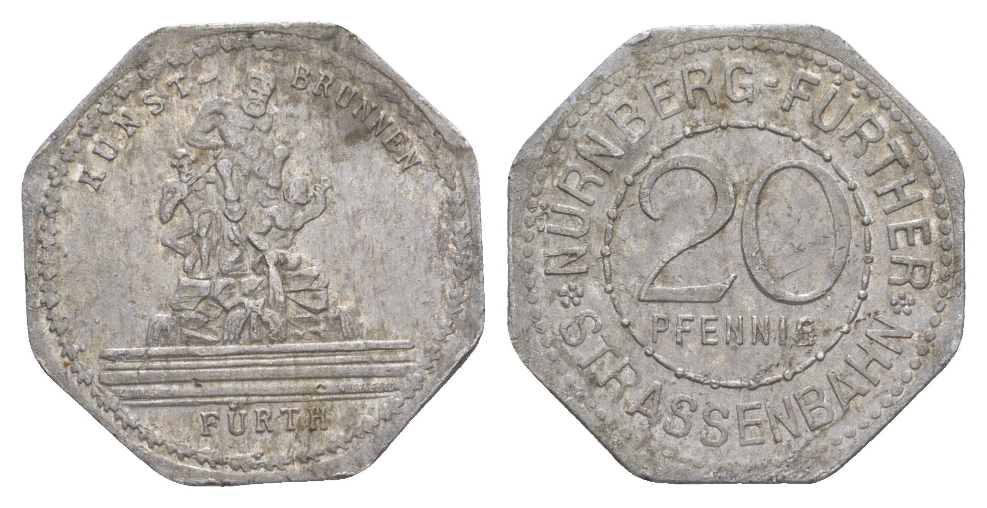 Нюрнберг трамвайный (транспортный) жетон в 20 пфеннигов ND (1920-1921) фонтан Men05 19256.20, Men18 24102.20 алюминий 4638-114