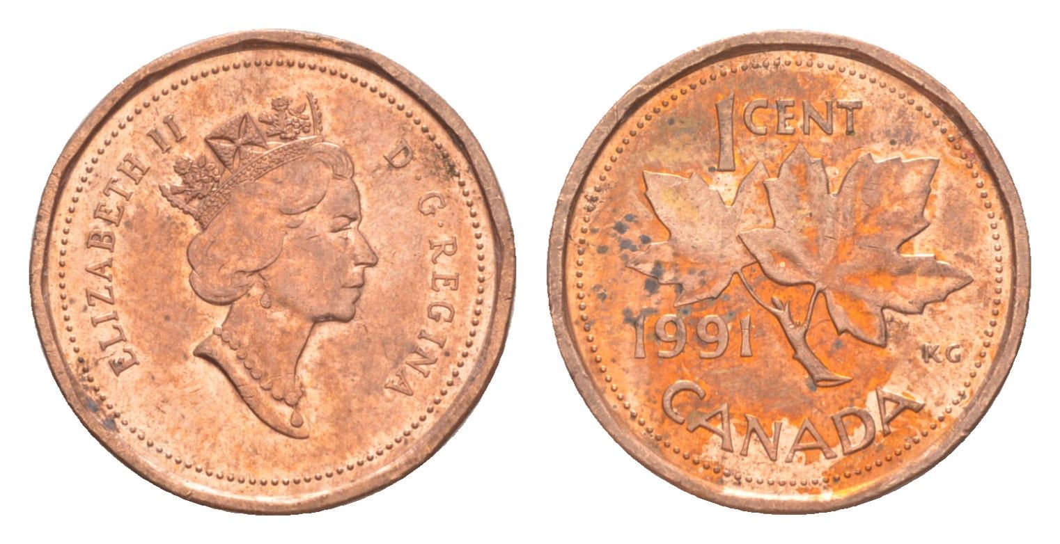 Канада 1 цент 1991 Елизавета II (1952-2022), кленовый лист KM 181 бронза 4639-366