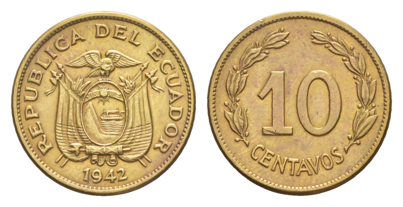 Эквадор 10 сентаво 1942 KM 76a латунь 1528-1431