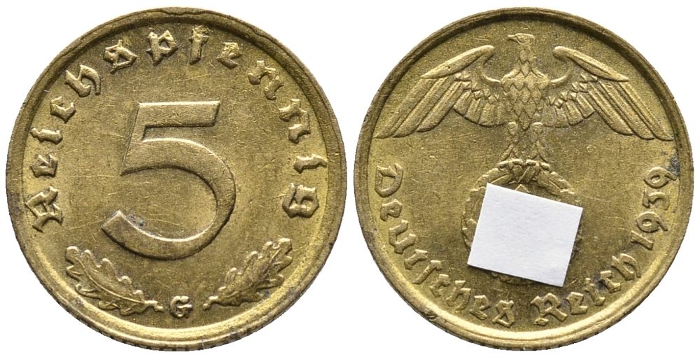ГЕРМАНИЯ 5 РЕЙХСПФЕННИГОВ 1939 G KM 91, J. 363 алюминиевая бронза 39-436