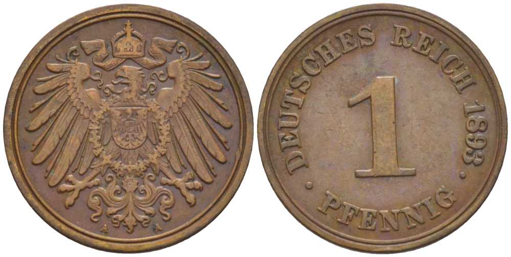 ГЕРМАНИЯ 1 ПФЕННИГ 1893 A KM 10, J. 10, Weege 2 медь 211-154