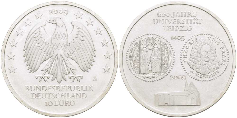ФРГ 10 евро 2009 A, 600 лет университета Лейпцига KM 282, DE.S. 10.42 серебро UNC 413-821