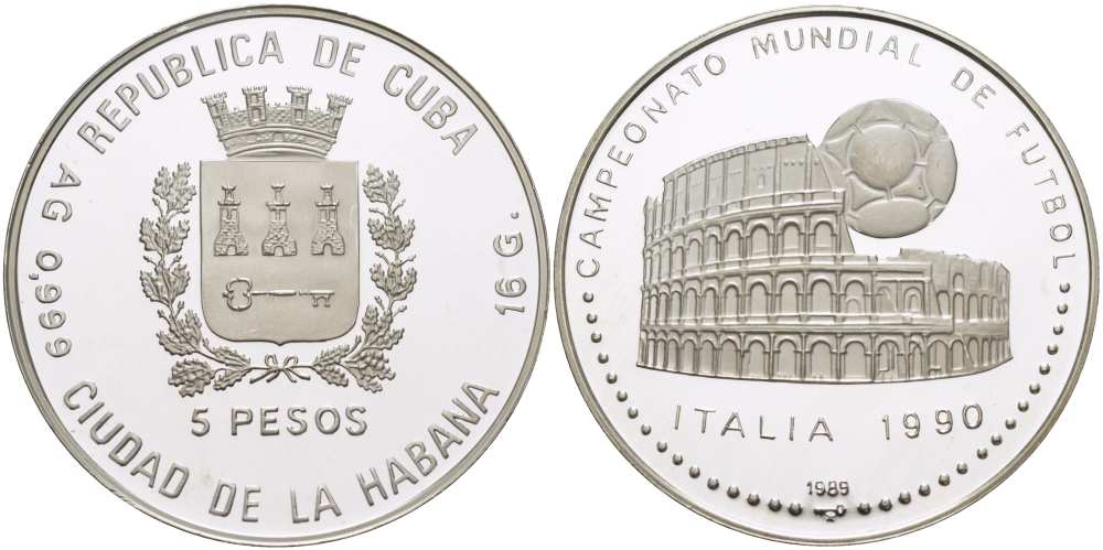 Куба 5 песо 1989 чемпионат мира по футболу в Италии 1990 года, Колизей KM 226.1 серебро PROOF 1069-10-34