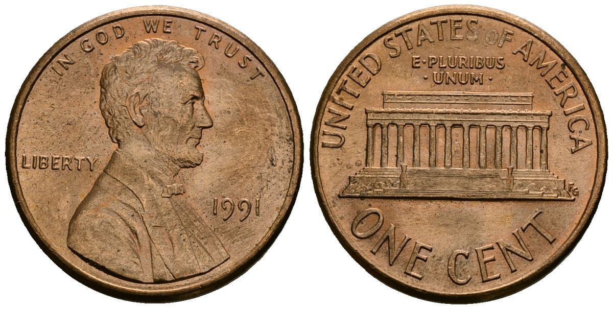 США 1 цент 1991 Линкольн KM 201b цинк плакированный медью 4136-339
