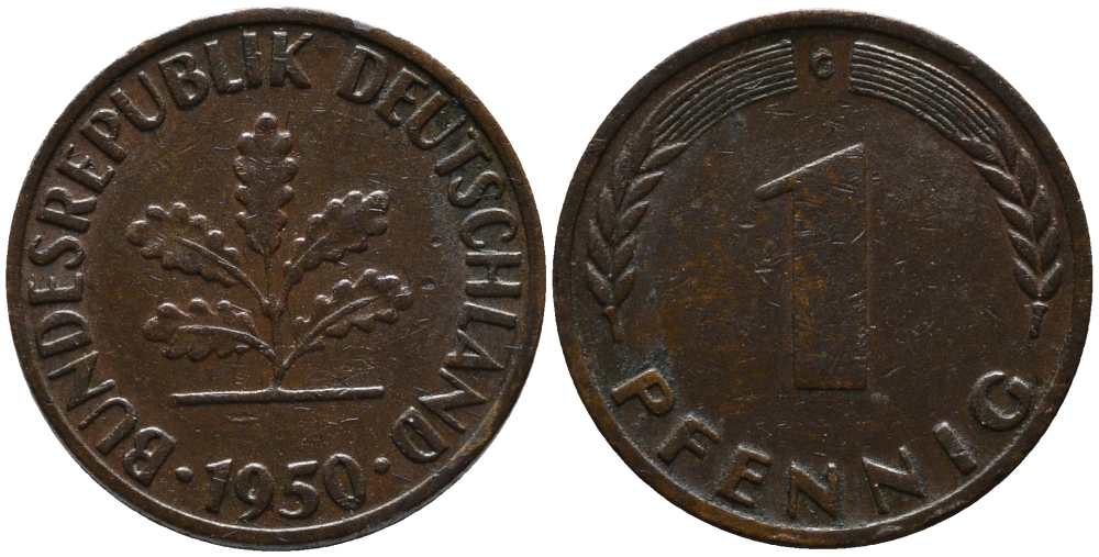 ФРГ 1 пфенниг 1950 G KM 105, J.380 сталь плакированная медью 99-252