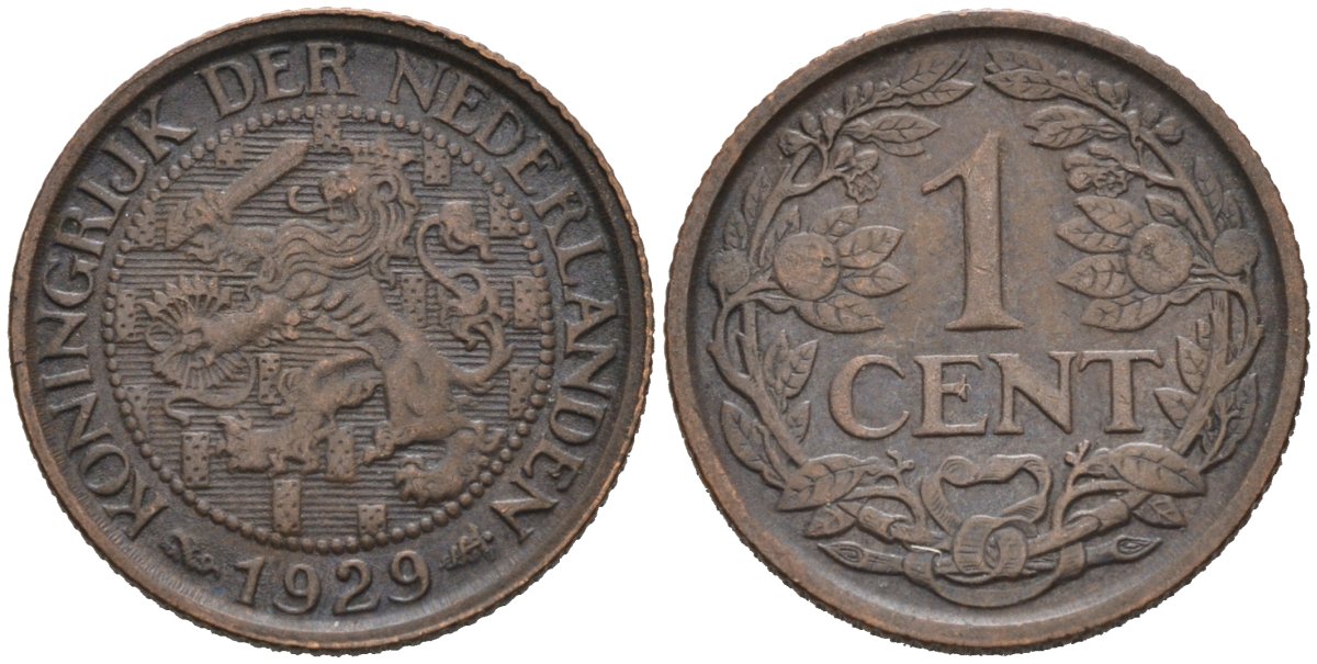 Нидерланды 1 цент 1929 Вильгельмина (1890-1948) KM 152 бронза 4576-741