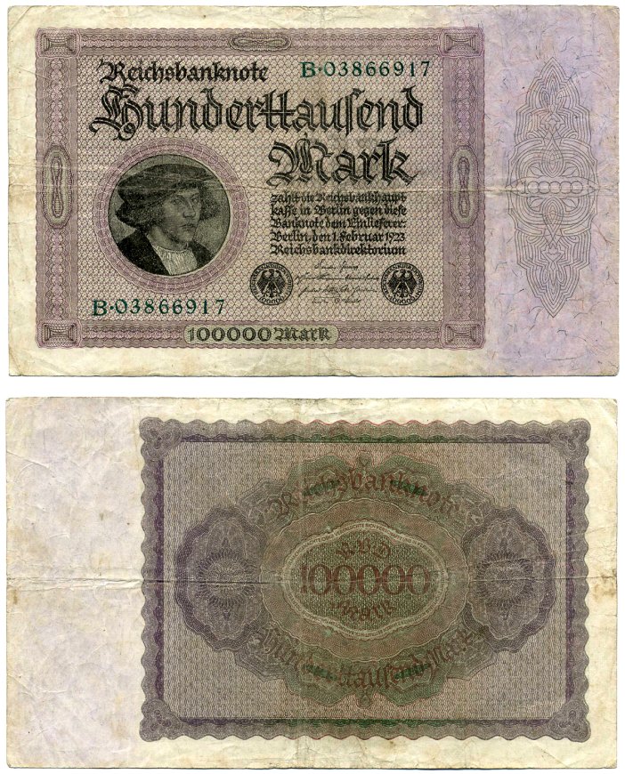 Германия 100000 марок 1923 Георг Гизе, без T под портретом, 8 цифр в номере Pick 83 a, Розенберг 82 а бумага 2194-9-2-1