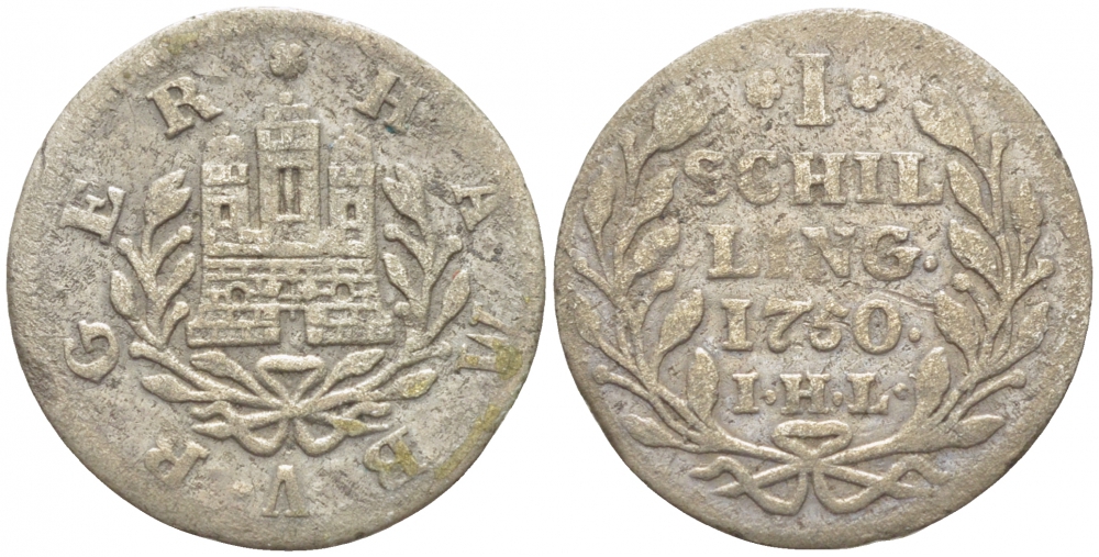 Гамбург 1 шиллинг 1750 I.H.L. KM 160, Gaedechens 983, Jaeger 4 a серебро 112-1018