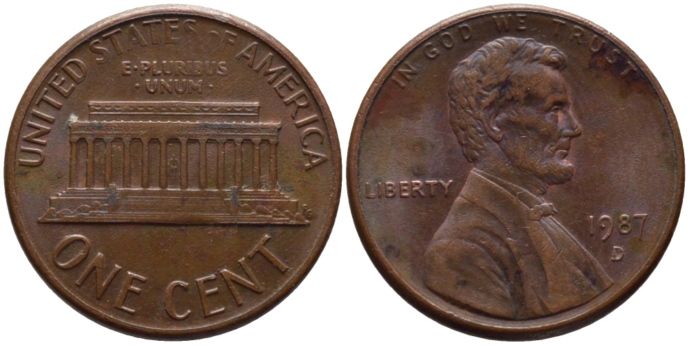 США 1 цент 1987 D, Линкольн KM 201b цинк плакированный медью 66-1032