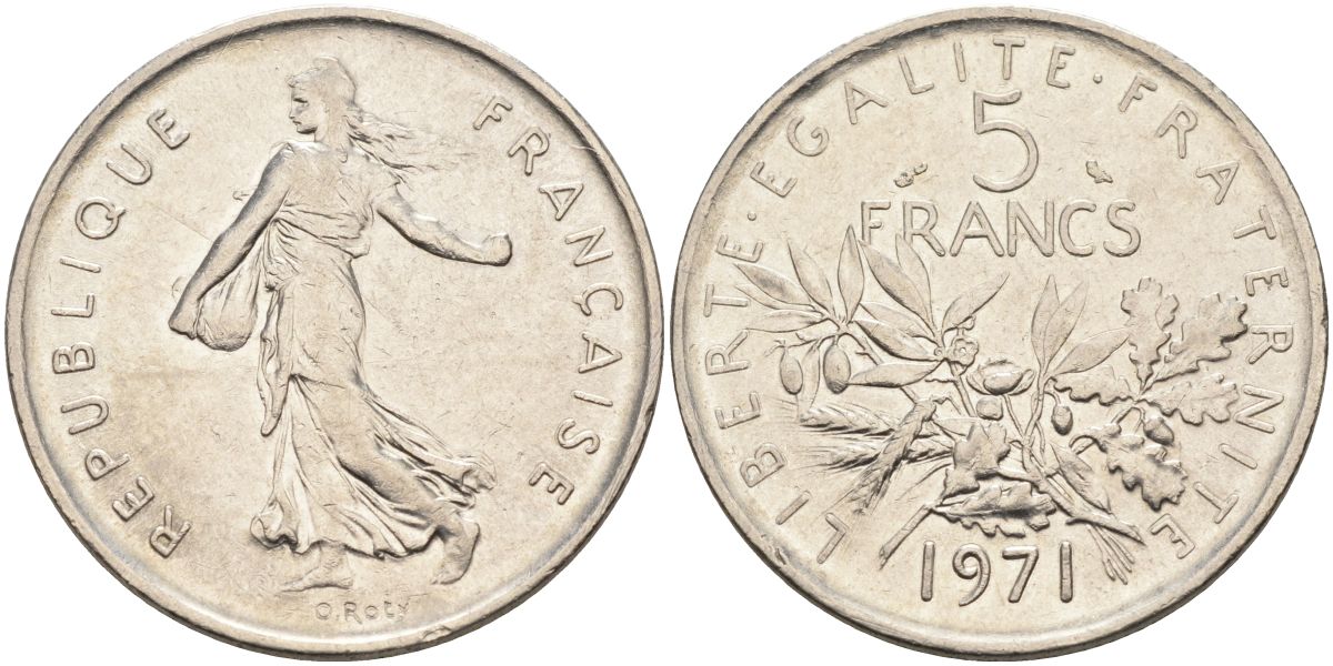 Франция 5 франков 1971 сеятель KM 926a.1, Le Franc 341.3 медно-никель плакированный никелем 4593-542