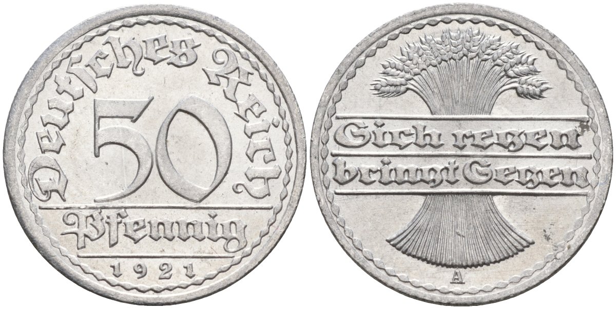 Германия 50 пфеннигов 1921 A KM 27, J.301, Weege 10 алюминий UNC 4584-835