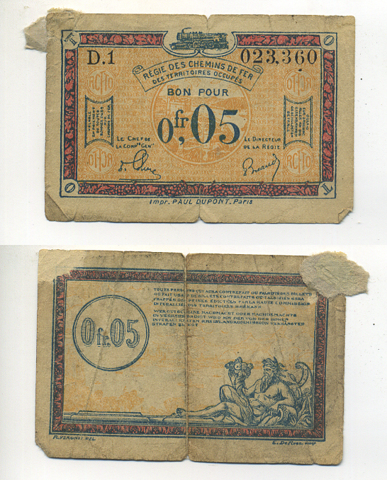 Франция 0,05 франка 1923 Франко-Бельгийская железнодорожная администрация, на оккупированных немецких территориях KM R1 бумага 7552-32-3-1