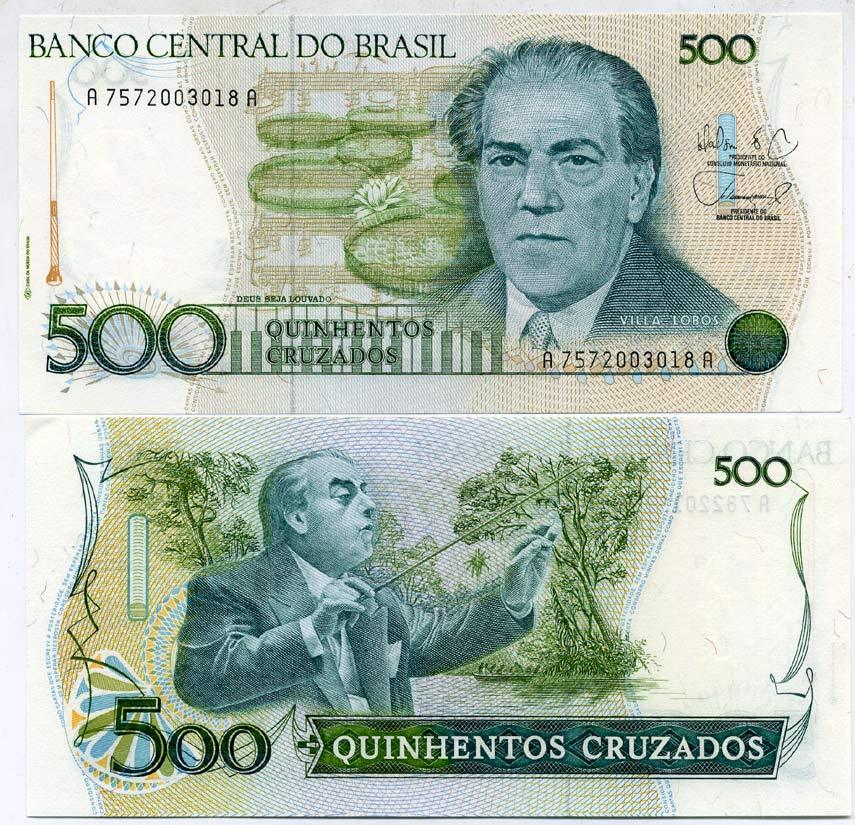Бразилия 500 крузадо ND (1986-1988) серия A 7572, 100 лет со дня рождения Эйтор Вилла-Лобос Pick 212 d бумага UNC (пресс) 7551-34-2-1