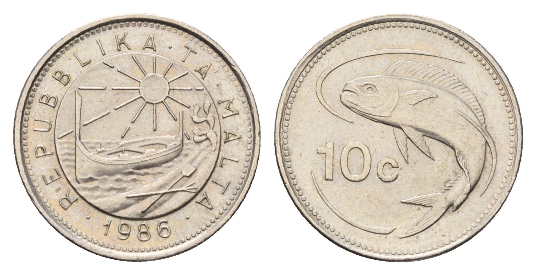 Мальта 10 центов 1986 год-тип, золотая макрель KM 76 медно-никель UNC 39-616