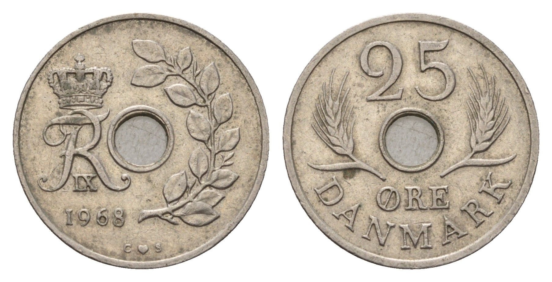 Дания 25 эре 1968 С; S, Фредерик IX (1947-1972) KM 855 медно-никель 3336-651