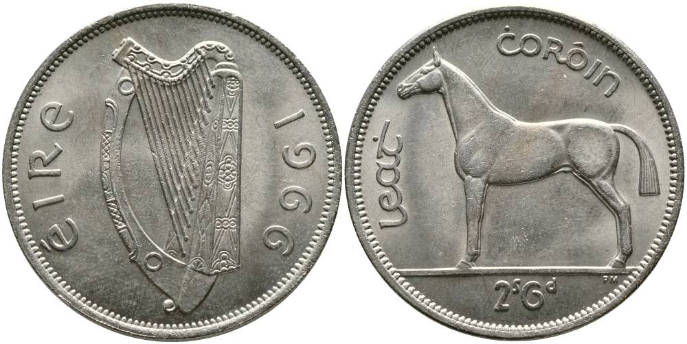 Ирландия 1/2 кроны = 2 шиллинга 6 пенсов 1966 лошадь KM 16а медно-никель 4531-914