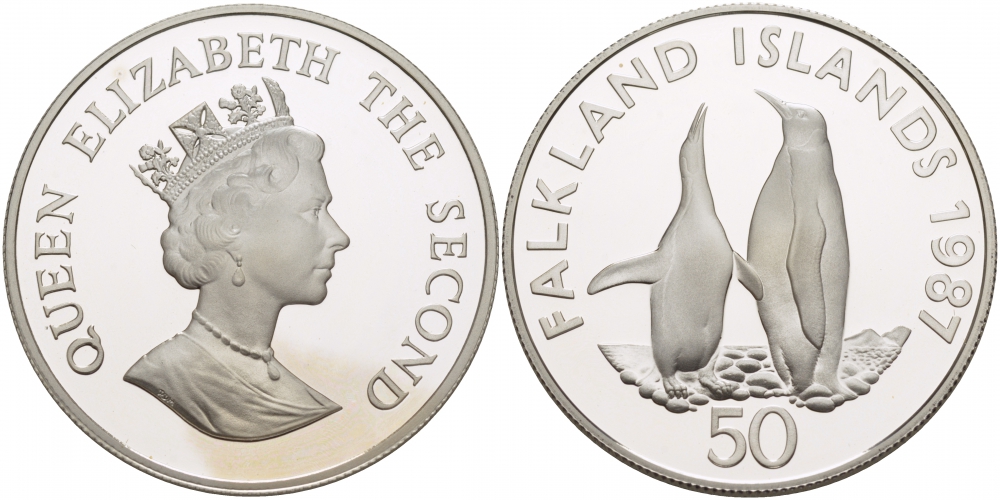 Фолклендские острова 50 пенсов 1987 серия 25 лет окружающей среды, королевские пингвины KM 25a серебро PROOF 04-312-45