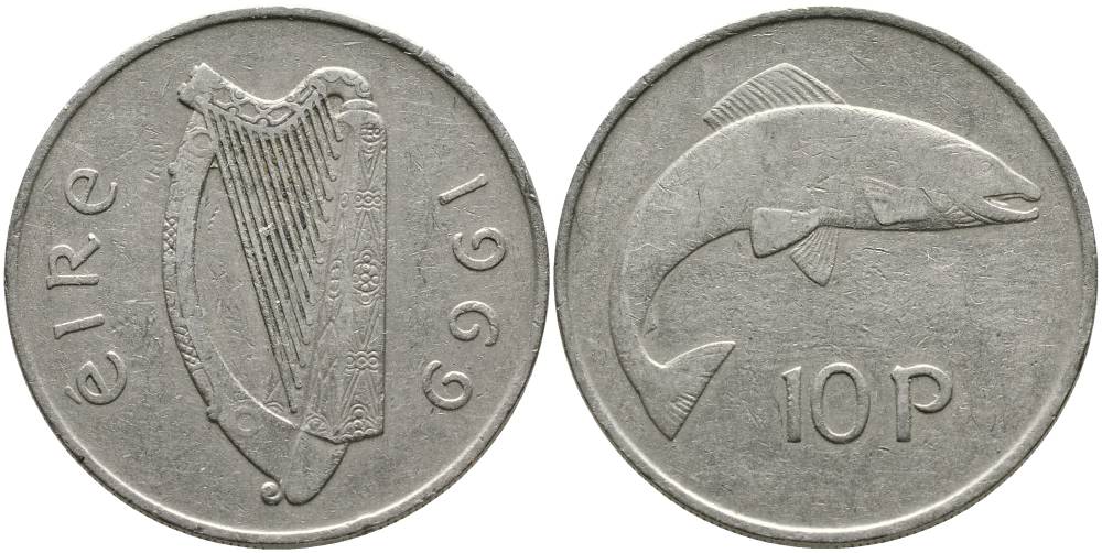 ИРЛАНДИЯ 10 ПЕНСОВ 1969 ЛОСОСЬ KM 23 медно-никель 4531-732