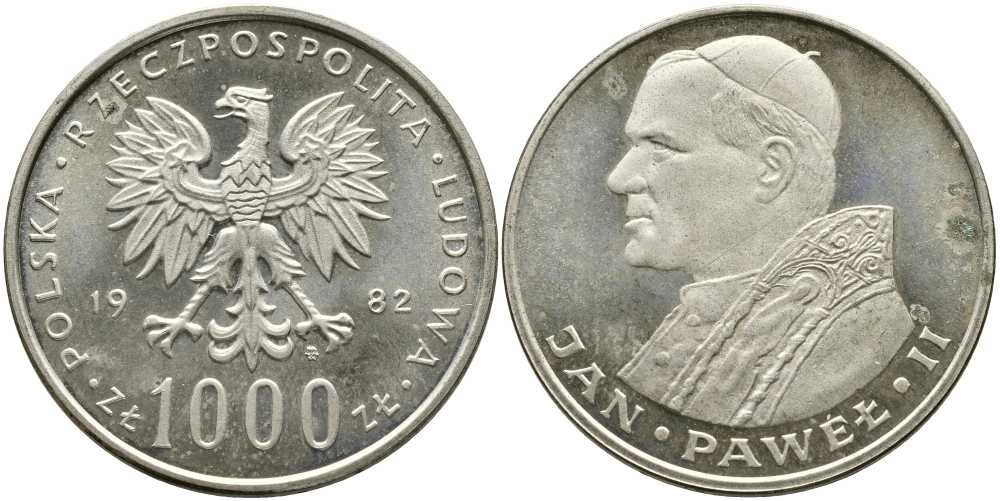 Польша 1000 злотых 1982 MW, визит папы Иоанна Павла II в Польшу KM 144, Parchimowicz 337a серебро 441-1145