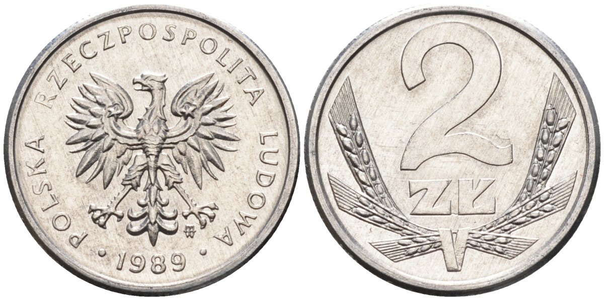 Польша 2 злотых 1989 MW, Народная Республика KM 80.3, Parchimowicz 219a алюминий UNC 4580-768