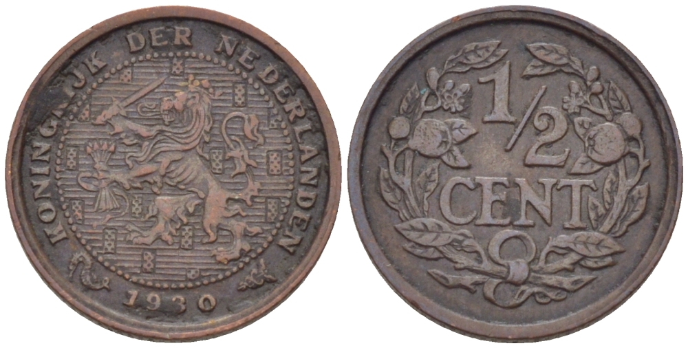 НИДЕРЛАНДЫ 1/2 ЦЕНТА 1930 ВИЛЬГЕЛЬМИНА (1890-1948) KM 138 бронза 39-221