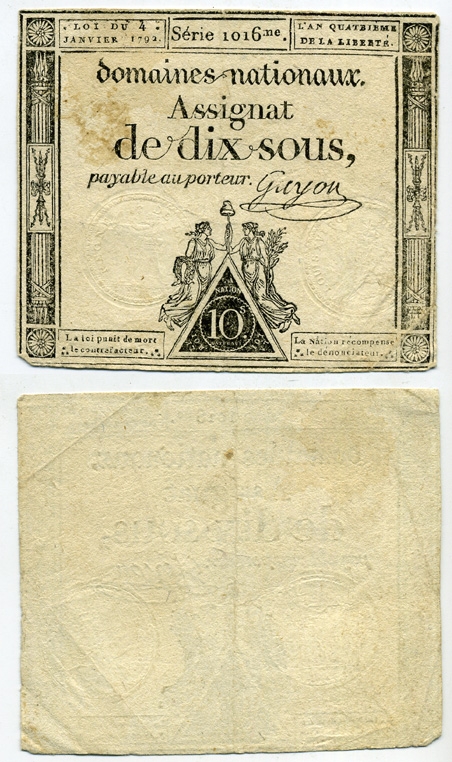 Франция 10 су 1792 женщины свободы Pick A64a бумага 450-109-3