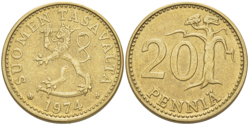 Финляндия 20 пенни 1974 S KM 47 алюминиевая бронза 3718-1252