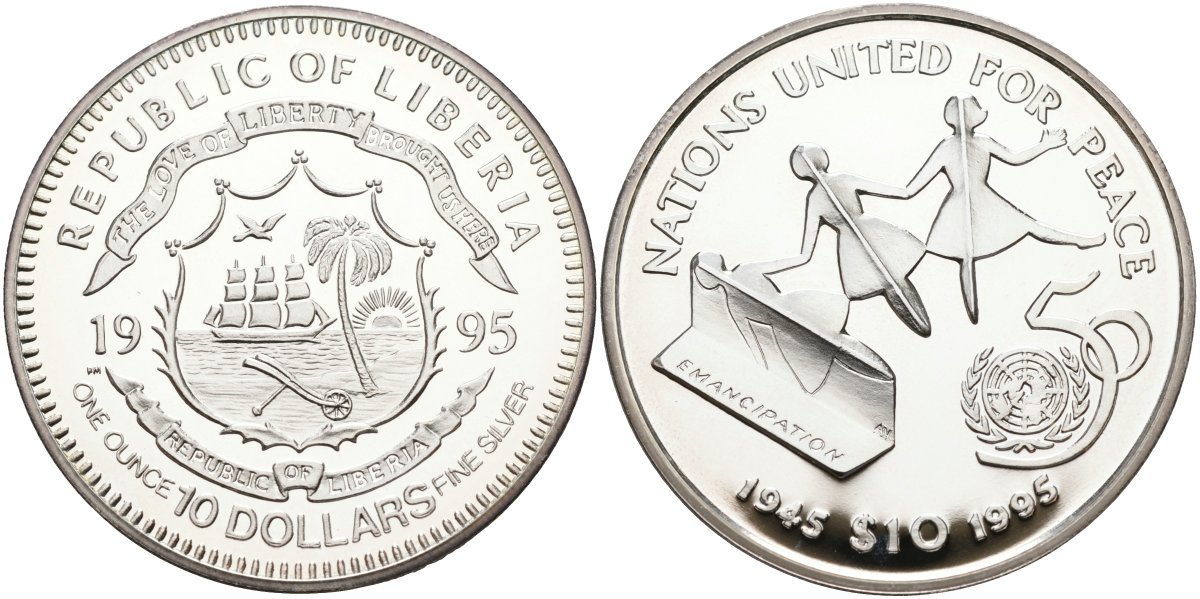 Либерия 10 долларов 1995 50 лет ООН (1945-1995) KM 194 серебро PROOF 00-00