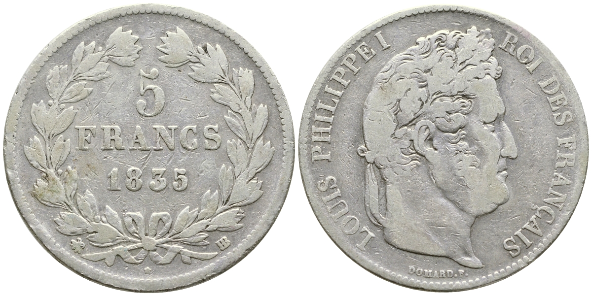 Франция 5 франков 1835 BB, Луи Филипп I (1830-1848) KM 749.3 серебро 1066-7-62