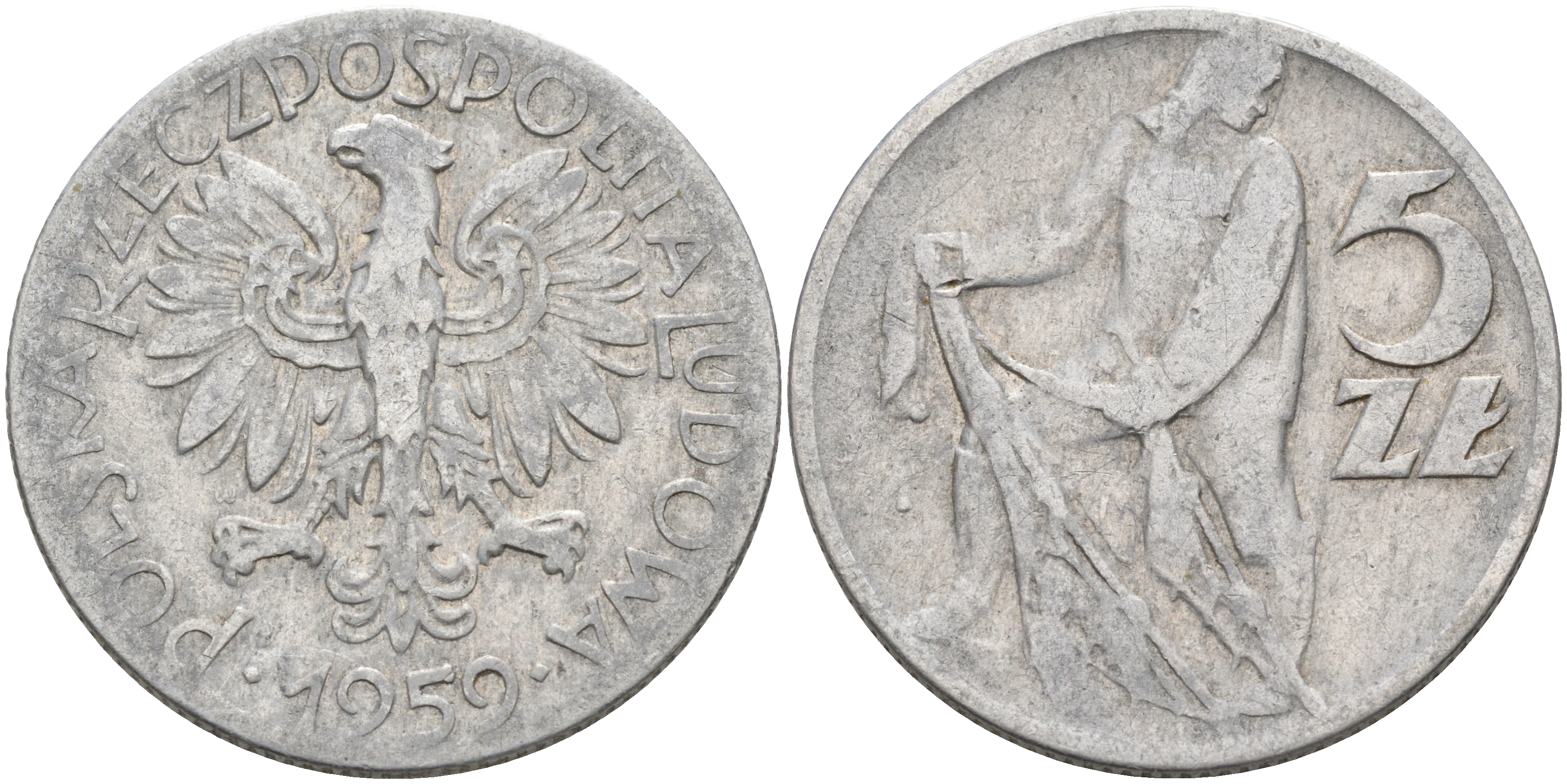 Польша 5 злотых 1959 MW, рыбак KM 47 алюминий 4565-112