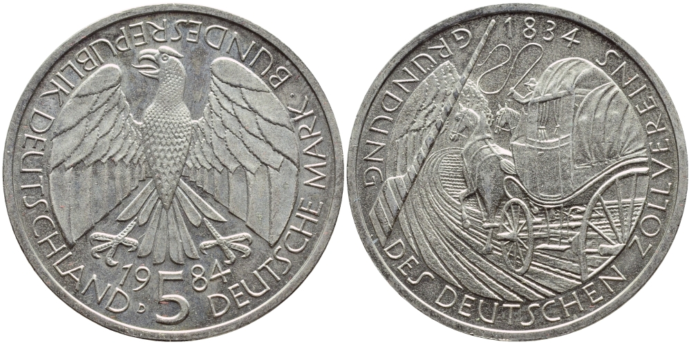 ФРГ 5 марок 1984 D, 150 лет основания немецкого таможенного союза KM 160, J.435 медно-никель плакированный никелем UNC 4394-134