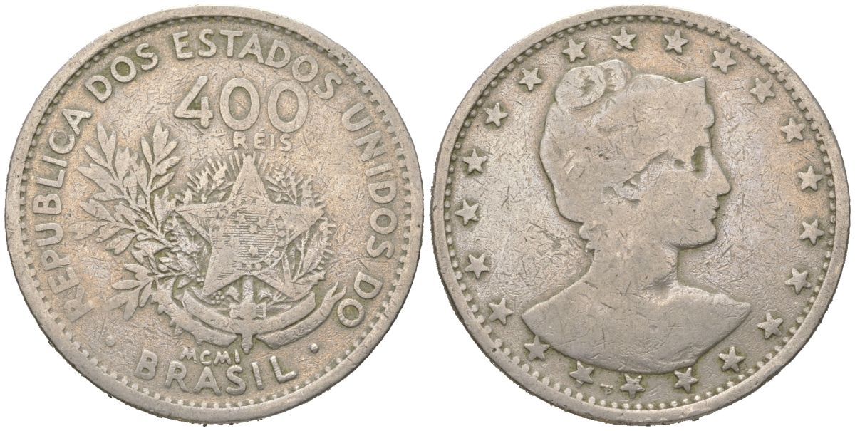 Бразилия 400 реалов 1901 MCMI, голова свободы вправо KM 505 медно-никель 4612-522