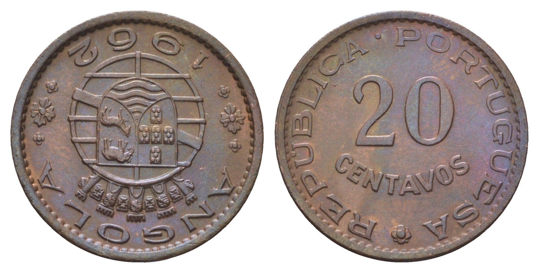 Ангола 20 сентаво 1962 год-тип KM 78 бронза UNC 4396-228