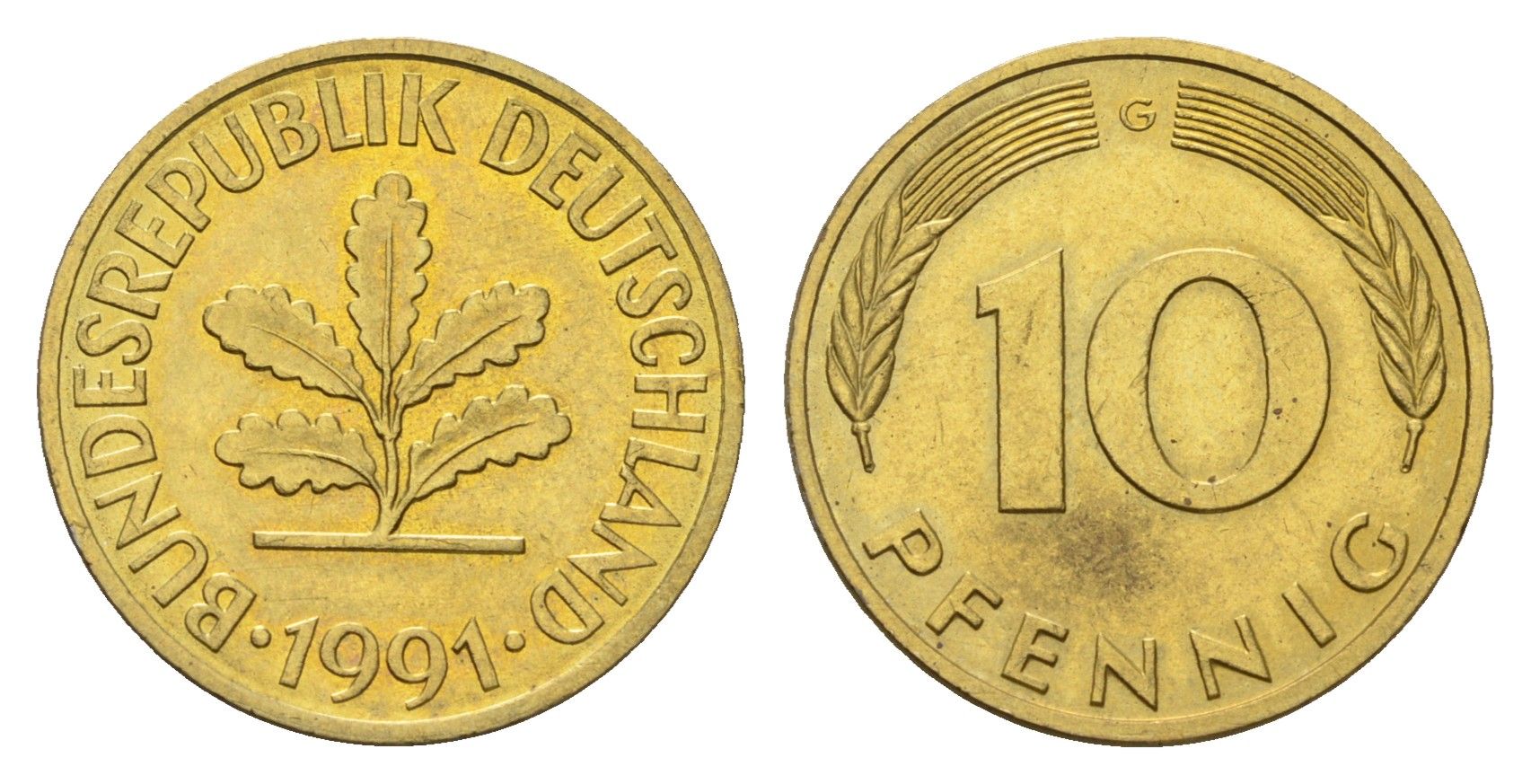 Германия 10 пфеннигов 1991 G KM 108, J. 383 сталь плакированная латунью 4626-443