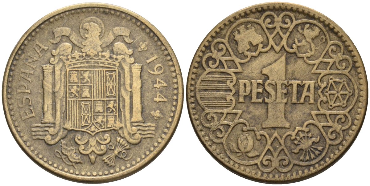 Испания 1 песета 1944 национальное правительство (1939 - 1947) KM 767 алюминиевая бронза 4604-321