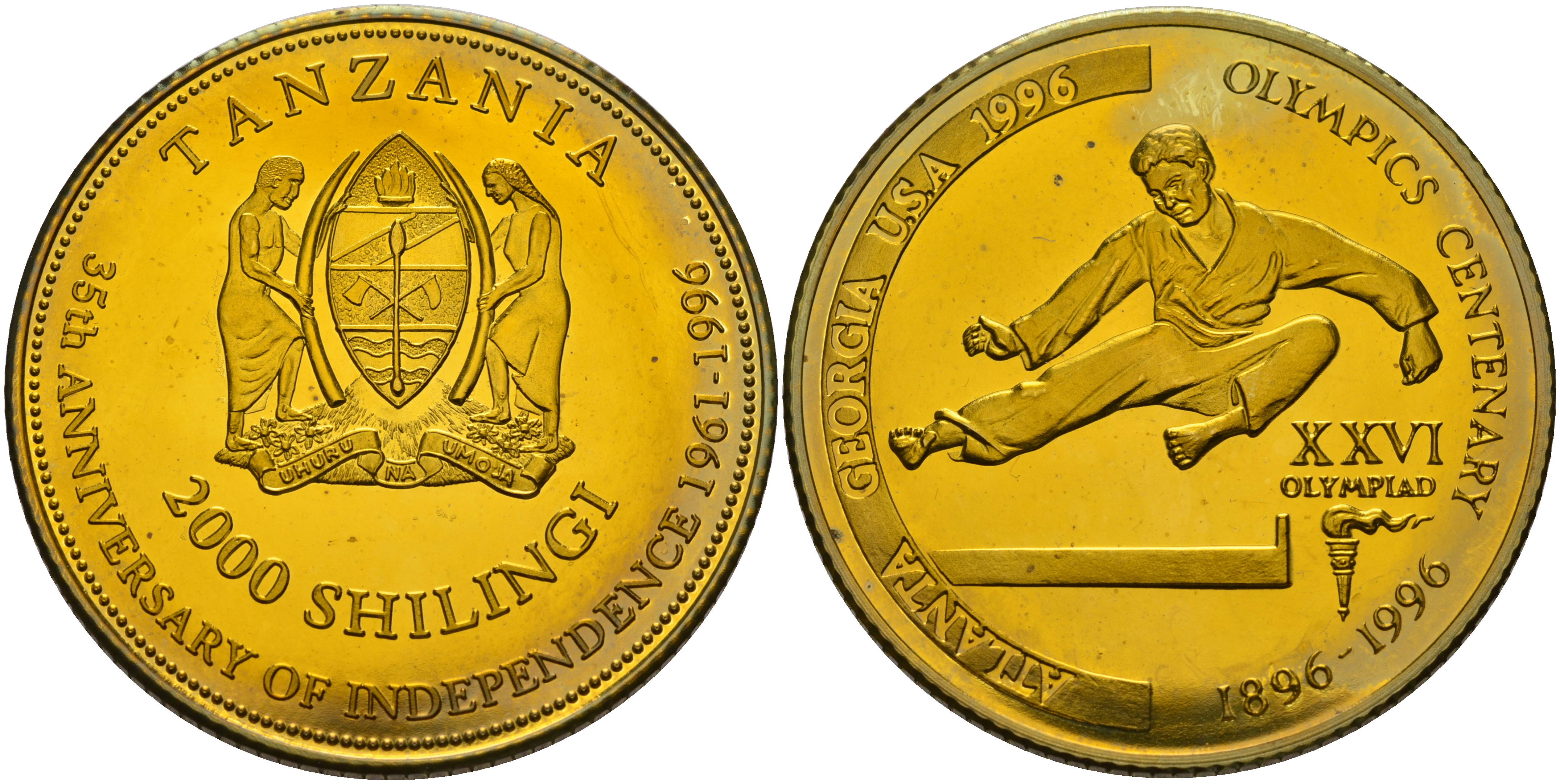 Танзания 2000 шиллингов 1996 XXVI Олимпийские игры 1996 года в Атланте, 100 лет Олимпийскому движению, карате, пробник, рубчатый гурт латунь PROOF 06-158-23