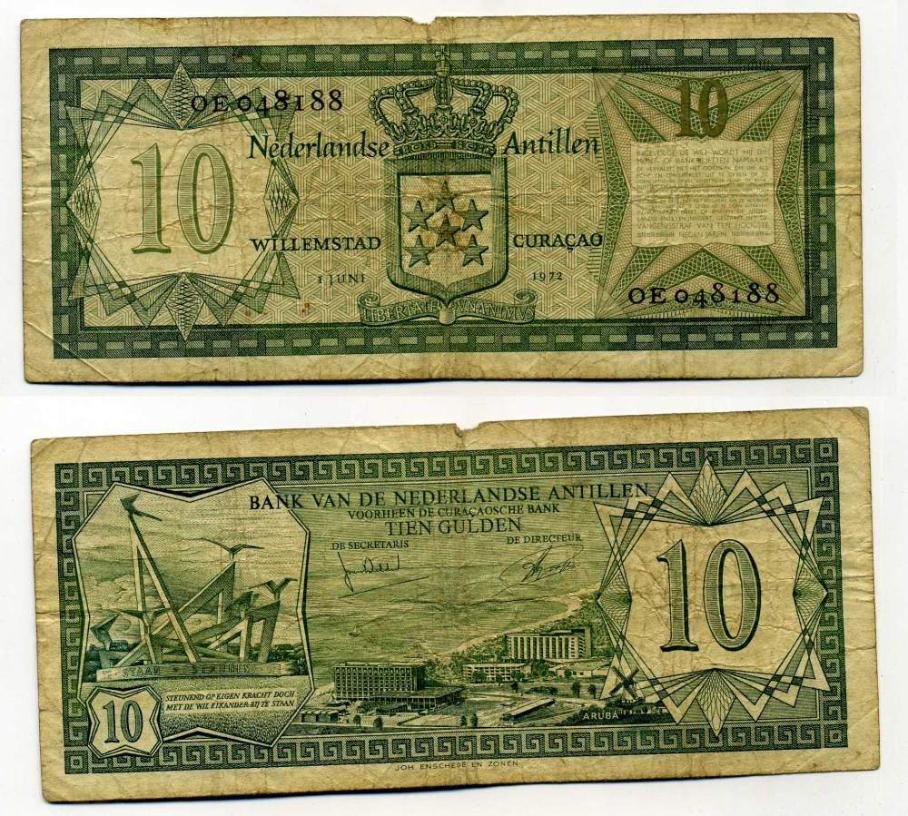 Нидерландские Антилы 10 ГУЛЬДЕНОВ 1972 Pick 9b бумага 8595-7-4-1