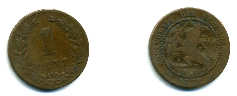 Нидерланды 1 цент 1878 Виллем III (1849-1890) KM 107 бронза 36-1121
