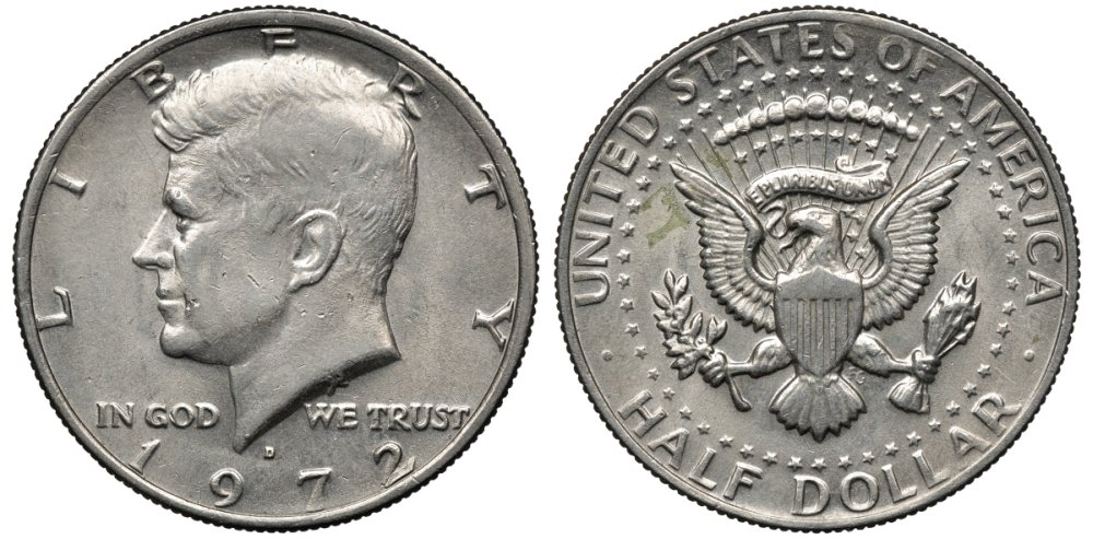 США 1/2 доллара (50 центов) 1972 D, Джон Кеннеди KM 202b медь плакированная медно-никелем 88-1222