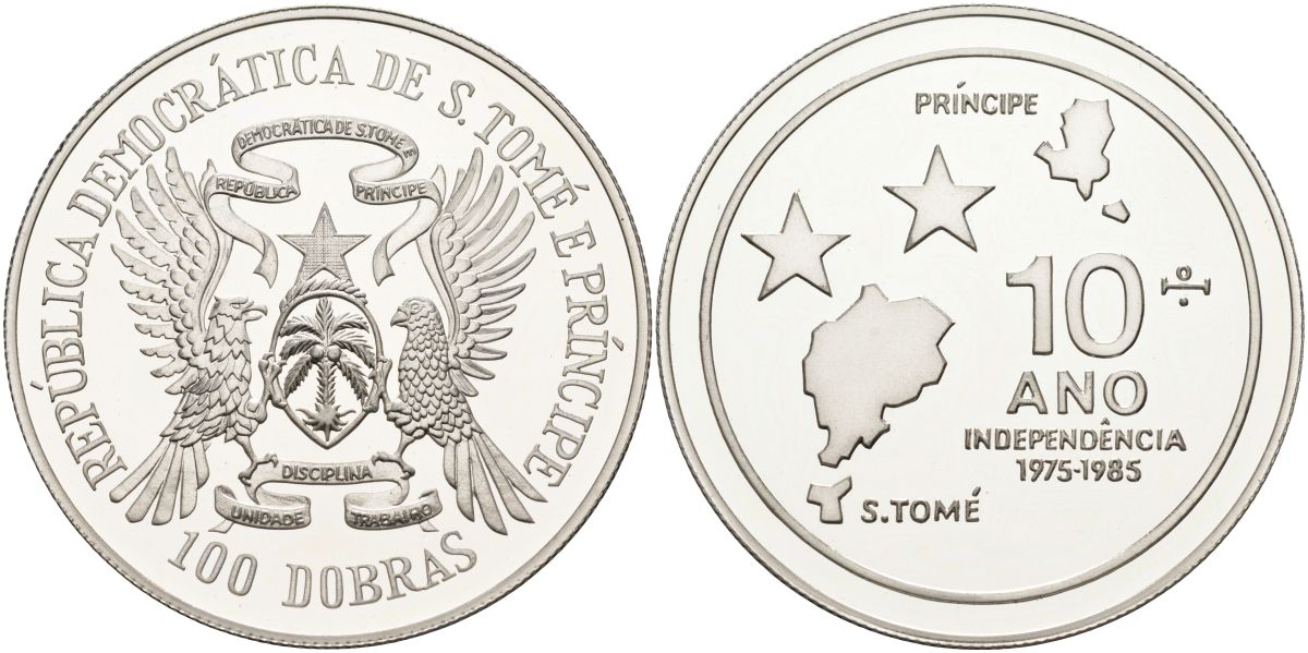 Сан-Томе и Принсипи 100 добра 1985 10 лет независимости, тираж 1000 экз. KM 42а серебро PROOF 1098-4-44