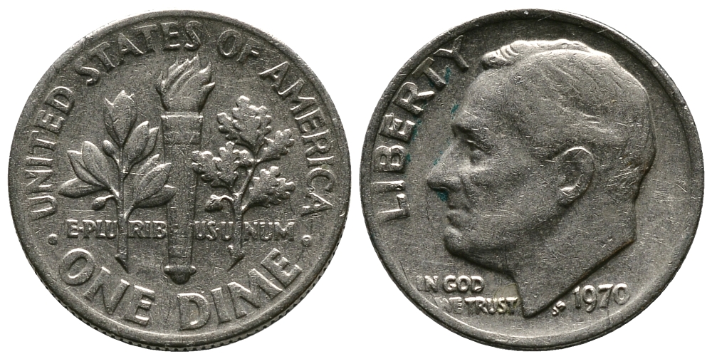 США 10 ЦЕНТОВ = 1 ДАЙМ 1970 РУЗВЕЛЬТ KM 195а медь плакированная медно-никелем 45-1235