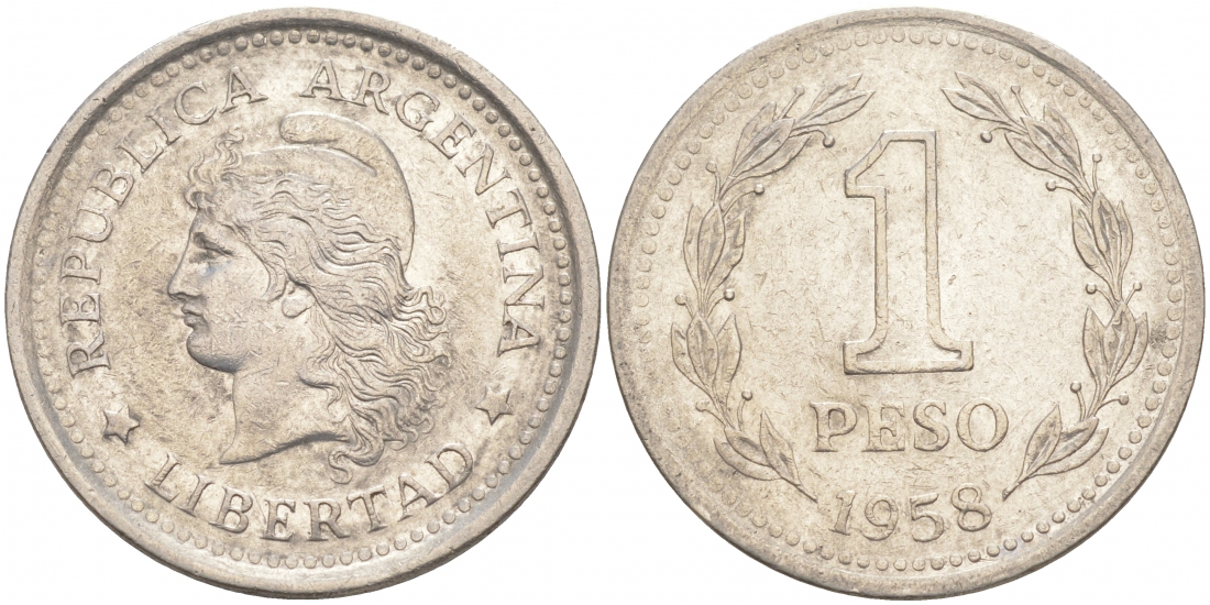Аргентина 1 песо 1958 голова свободы влево KM 57 сталь плакированная никелем 68-555