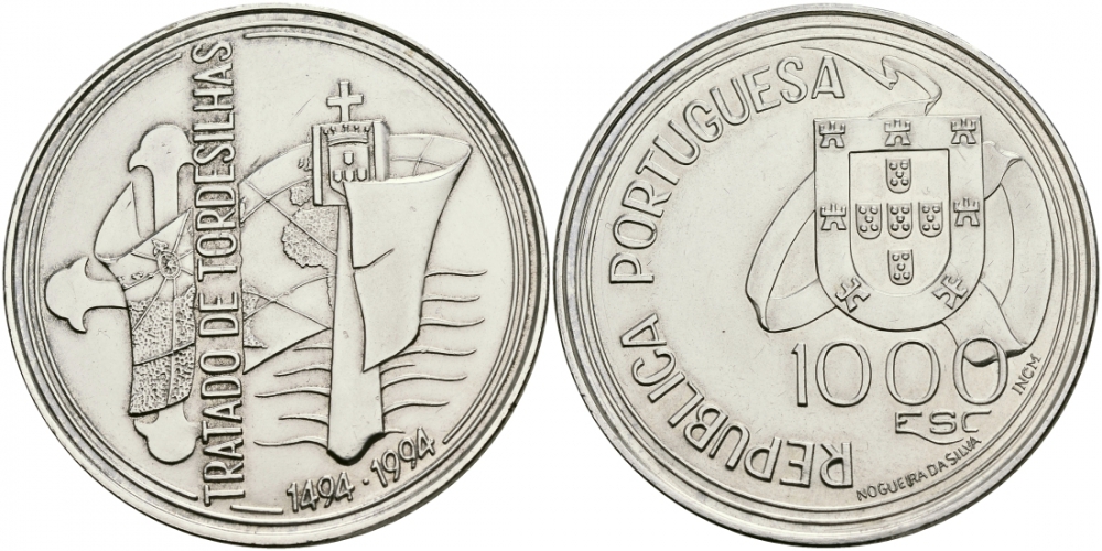 Португалия 1000 эскудо 1994 Тордесильясский договор 1494 года KM 675 серебро UNC 3896-144