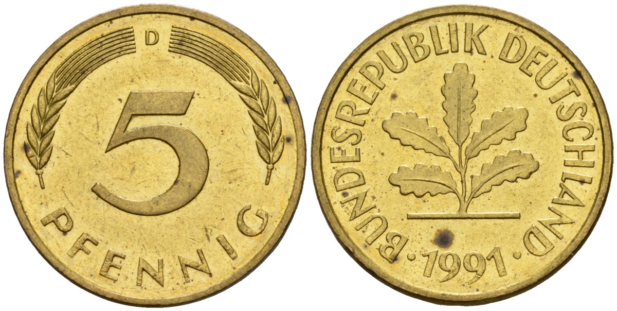ФРГ 5 пфеннигов 1991 D KM 107, J.382 сталь плакированная латунью 4174-1113