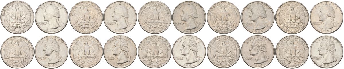 США набор из 10 монет (последние 10 лет выпуска, 25 центов = квотер = 1/4 доллара) 1989-1998 D, Вашингтон KM 164a медь плакированная медно-никелем aUNC-UNC 4612-611-617