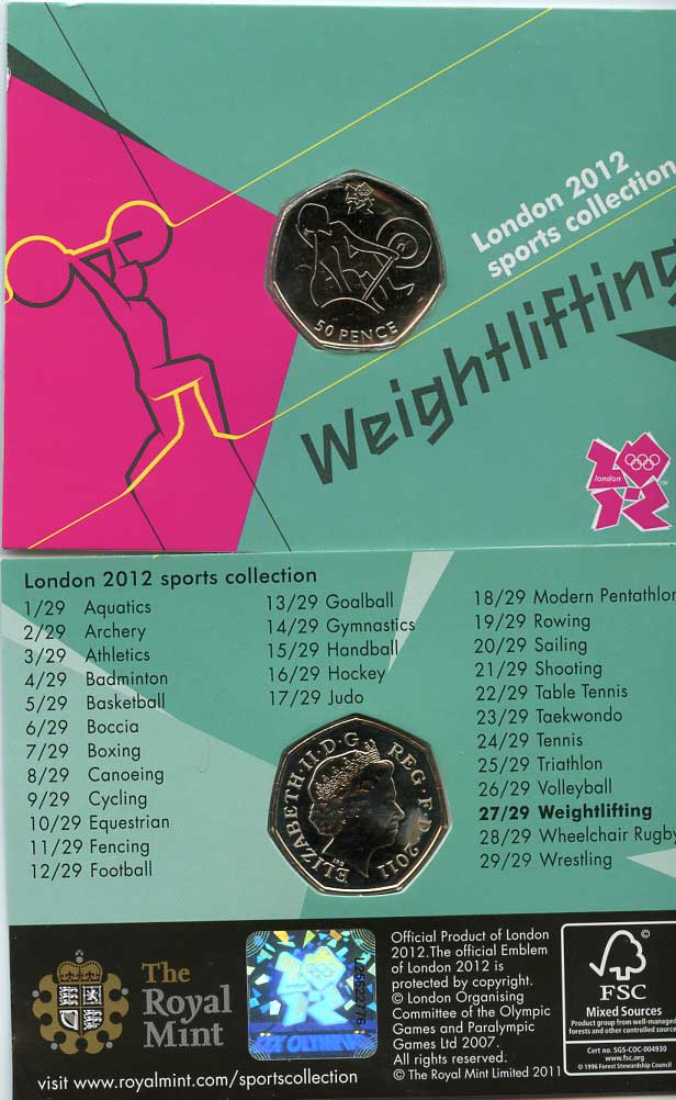 Великобритания 50 пенсов 2011 XXX летние Олимпийские игры в Лондоне в 2012 году, тяжелая атлетика, в оригинальном картонном буклете, с Олимпийской голограммой (27/29) KM 1186 медно-никель  UNC  3-6-6-19