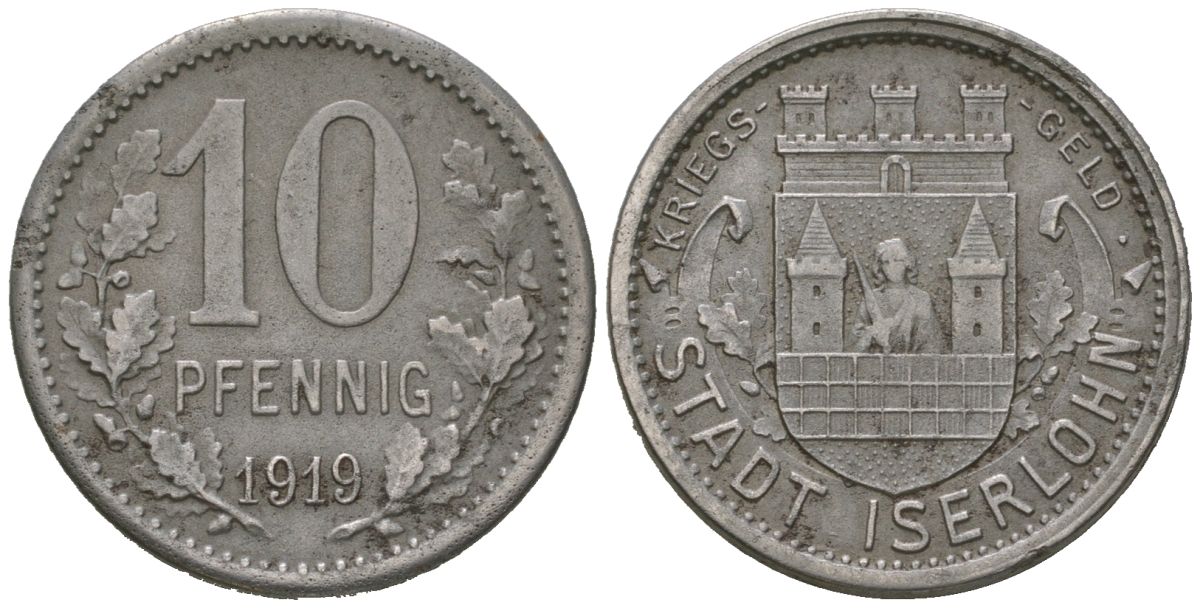 Изерлон (Пруссия, Вестфалия) 10 пфеннингов 1919 Funck 228.5A, Men05 12307.8, Men18 15462.8 железо 4586-1025